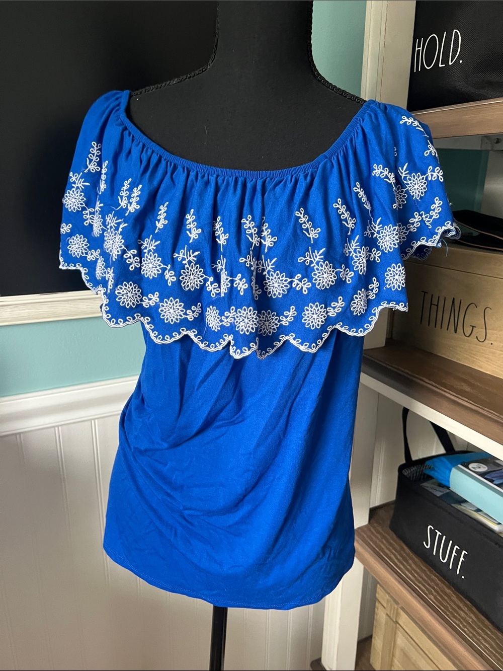 Adrianna Papell Royal Blue Off-Shoulder Embroidered Ruffle Top
